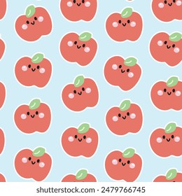 Seamless pattern of cute smile face apple sticker on pastel background.Fruit and vegetables.Image for card,poster,baby clothing.Kawaii.Vector.Illustration