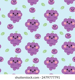 Seamless pattern of cute smile face grape with leaf on pastel background.Fruit and vegetables.Character cartoon design.Image for card,poster,baby clothing.Kawaii.Vector.Illustration