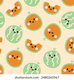 Patrón sin fisuras de lindo melón de la cara de la sonrisa en el fondo pastel.Fresh.Fruit y verduras.Character diseño de dibujos animados.Imagen para tarjeta, póster, ropa de bebé.Kawaii.Vector.Illustración