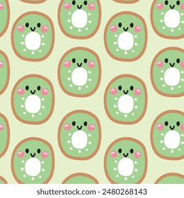 Seamless pattern of cute smile face kiwi on pastel background.Fresh.Fruit and vegetables.Character cartoon design.Image for card,poster,baby clothing.Kawaii.Vector.Illustration