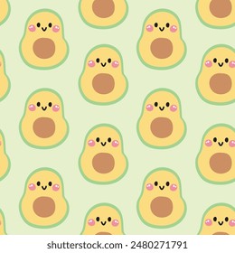 Seamless pattern of cute smile face avocado on pastel background.Fresh.Fruit and vegetables.Character cartoon design.Image for card,poster,baby clothing.Kawaii.Vector.Illustration