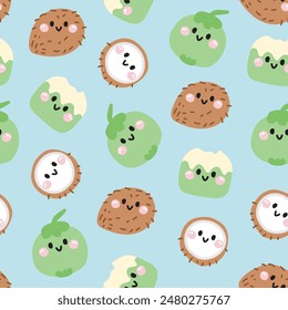 Seamless pattern of cute smile face coconut on pastel background.Summer.Fresh.Fruit and vegetables.Character cartoon design.Image for card,poster,baby clothing.Kawaii.Vector.Illustration