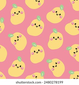 Seamless pattern of cute smile face mango on pastel background.Summer.Fresh.Fruit and vegetables.Character cartoon design.Image for card,poster,baby clothing.Kawaii.Vector.Illustration