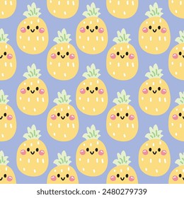 Seamless pattern of cute smile face pineapple on pastel background.Summer.Fresh.Fruit and vegetables.Character cartoon design.Image for card,poster,baby clothing.Kawaii.Vector.Illustration