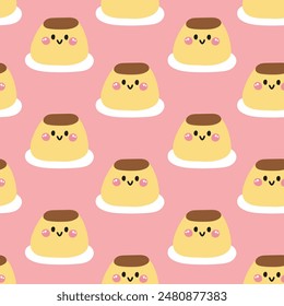 Nahtloses Muster des süßen Lächelgesichts Pudding auf rosa Hintergrund.Bäckerei.Süß.Dessert.Charakter Cartoon Design.Bild für Karte,Poster,Babykleidung.Kawaii.Vektorgrafik.Illustration.