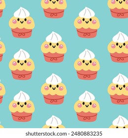 Seamless pattern of cute smile face cupcake with whipping cream background.Cafe.Bakery.Sweet.Dessert.Character cartoon design.Image for card,poster,baby clothing.Kawaii.Vector.Illustration.