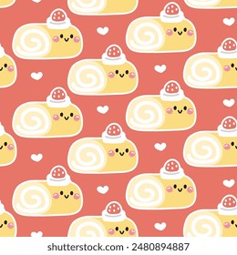 Seamless pattern of cute smile face roll cake with whipping cream and strawberry heart background.Cafe.Bakery.Sweet.Dessert.Character cartoon design.Image for card,poster,baby clothing.Kawaii.Vector.