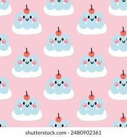 Seamless pattern of cute smile face jelly with cherry pink background.Cafe.Bakery.Sweet.Dessert.Character cartoon design.Image for card,poster,baby clothing.Kawaii.Vector.Illustration.