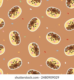 Nahtloses Muster des süßen Lächelgesichts Schokolade Donut mit buntem Bonbon Hintergrund.Cafe.Bakery.Sweet.Dessert.Charakter Cartoon Design.Bild für Karte,Poster,Babykleidung.Kawaii.Vektorgrafik.Illustration.