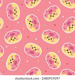 Seamless pattern of cute smile face strawberry donut with colorful candy background.Cafe.Bakery.Sweet.Dessert.Character cartoon design.Image for card,poster,baby clothing.Kawaii.Vector.Illustration.