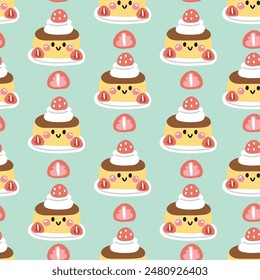 Seamless pattern of cute smile face pancake with strawberry whipping cream background.Cafe.Bakery.Sweet.Dessert.Character cartoon design.Image for card,poster,baby clothing.Kawaii.Vector.Illustration.