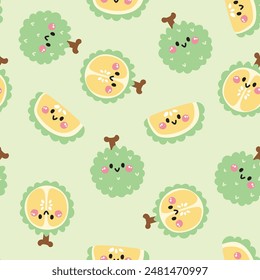 Seamless pattern of cute smile face durian on pastel background.Summer.Fresh.Fruit and vegetables.Character cartoon design.Image for card,poster,baby clothing.Kawaii.Vector.Illustration