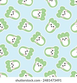 Seamless pattern of cute smile face chinese cabbage on pastel background.Fresh.Fruit and vegetables.Character cartoon design.Image for card,poster,baby clothing.Kawaii.Vector.Illustration