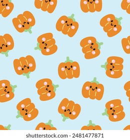 Seamless pattern of cute smile face pumpkin on pastel background.Autumn.Fresh.Fruit and vegetables.Character cartoon design.Image for card,poster,baby clothing.Kawaii.Vector.Illustration