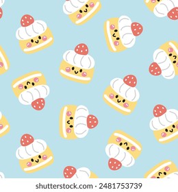 Seamless pattern of cute smile face strawberry cake background.Bread.Cafe.Bakery.Sweet.Dessert.Character cartoon design.Image for card,poster,baby clothing.Kawaii.Vector.Illustration.