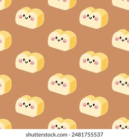 Nahtloses Muster des süßen Lächelgesichts Brot Hintergrund.Cafe.Bakery.Sweet.Dessert.Charakter Cartoon Design.Bild für Karte,Poster,Babykleidung.Kawaii.Vektorgrafik.Illustration.