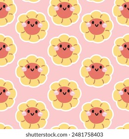 Seamless pattern of cute smile face strawberry jam cookies flower shape background.Bread.Cafe.Bakery.Sweet.Dessert.Character cartoon design.Image for card,poster,baby clothing.Kawaii.Illustration.