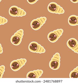 Seamless pattern of cute smile face chocolate inside bread background.Bread.Cafe.Bakery.Sweet.Dessert.Character cartoon design.Image for card,poster,baby clothing.Kawaii.Vector.Illustration.