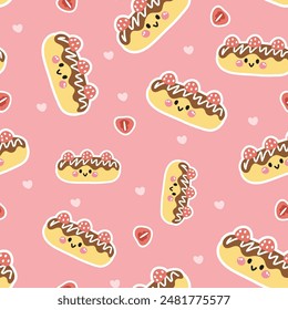 Nahtloses Muster des süßen Lächelns Gesicht Erdbeere Schokoladenbrot mit Herzhintergrund.Cafe.Bakery.Sweet.Dessert.Charakter Cartoon Design.Bild für Karte,Poster,Babykleidung.Kawaii.Vektorgrafik.Illustration.