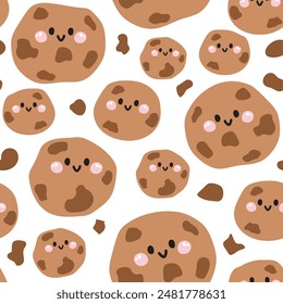 Seamless pattern of cute smile face chocolate cookies background.Bread.Cafe.Bakery.Sweet.Dessert.Character cartoon design.Image for card,poster,baby clothing.Kawaii.Vector.Illustration.