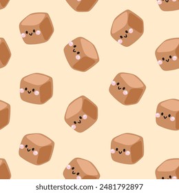 Seamless pattern of cute smile face chocolate chunk background.Bread.Cafe.Bakery.Sweet.Dessert.Character cartoon design.Image for card,poster,baby clothing.Kawaii.Vector.Illustration.