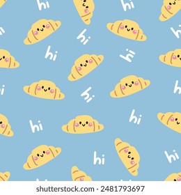 Seamless pattern of cute smile face croissant with hi text background.Bread.Cafe.Bakery.Sweet.Dessert.Character cartoon design.Image for card,poster,baby clothing.Kawaii.Vector.Illustration.