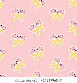 Seamless pattern of cute smile face strawberry heart pretzel background.Bread.Cafe.Bakery.Sweet.Dessert.Character cartoon design.Image for card,poster,baby clothing.Kawaii.Vector.Illustration.