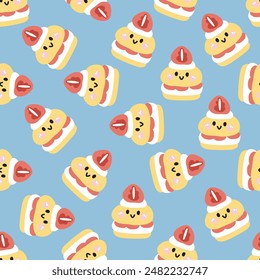 Seamless pattern of cute smile face strawberry bread with cream background.Cafe and coffee.Bakery.Sweet.Dessert.Character cartoon design.Image for card,poster,baby clothing.Kawaii.Vector.Illustration.