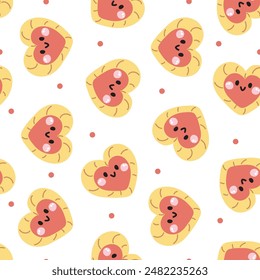 Seamless pattern of cute smile face strawberry heart cookies background.Bread.Cafe and coffee shop.Bakery.Sweet.Dessert.Character cartoon design.Image for card,poster,baby clothing.Kawaii.Illustration