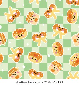 Seamless pattern of cute smile face donut and  pretzel background.Orange jam.Bread.Cafe and coffee shop.Bakery.Sweet.Dessert.Character cartoon design.Image for card,poster,baby clothing.Kawaii.