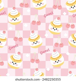 Seamless pattern of cute smile face whipping cream bread with cherry background.Cafe and coffee shop.Bakery.Sweet.Dessert.Character cartoon design.Image for card,poster,baby clothing.Kawaii.Vector.