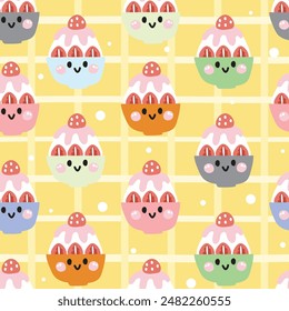 Patrón sin fisuras de la cara de la sonrisa linda del postre japonés de fresa llamada kakigori background.Cafe y cafetería.Bakery.Sweet.Character diseño de dibujos animados.Imagen para tarjeta, póster, ropa de bebé.Kawaii.Vector.