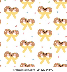 Seamless pattern of cute smile face chocolate pretzel with candy background.Bread.Cafe.Bakery.Sweet.Dessert.Character cartoon design.Image for card,poster,baby clothing.Kawaii.Vector.Illustration.