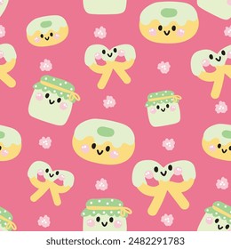 Seamless pattern of cute smile face donut and  pretzel with sakura background.green tea jam.Bread.Cafe and coffee shop.Bakery.Sweet.Dessert.Character cartoon design.Image for card,poster,baby clothing