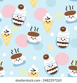 Seamless pattern of cute smile face ice cream cone and coffee background.Cafe.Bakery.Sweet.Dessert.Character cartoon design.Image for card,poster,baby clothing