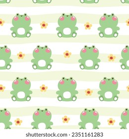 Seamless pattern of cute smile frog sit with flower on white background.Pastel.Reptile animal character cartoon design.Image for card,poster,baby clothing.Kawaii.Vector.Illustration.