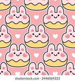 Patrón sin fisuras de la linda sonrisa cabeza de conejo donut pegatina con el fondo del icono del corazón diminuto.Roedor animal cara personaje caricatura design.Sweet.Dessert.Bakery.Kawaii.Vector.Illustración.