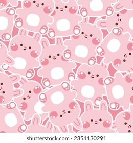 Seamless pattern of cute smile rabbit sit sticker background.Farm animal character cartoon design.Baby clothing print screen.Easter.Pastel.Kawaii.Vector.Illustration.