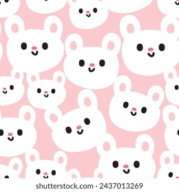 Seamless pattern of cute smile rabbit face head background.Rodent animal character cartoon design.Bunny hand drawn.Clothing print screen.Kawaii.Vector.Illustration.