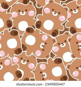 Patrón sin foco de una linda sonrisa, el oso de peluche se sienta con fondo de pegatinas. Diseño de caricaturas animales salvajes. Ropa para bebés. Kawaii.Vector.Ilustración.