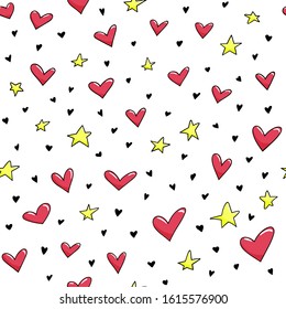Seamless pattern with cute smiled hearts and stars. Vector background.