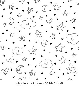 Seamless pattern with cute smiled stars, clouds and crescents. Black and white vector background.