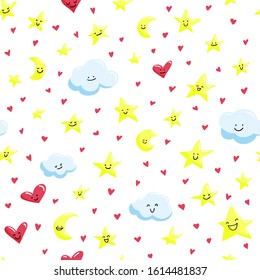 Seamless pattern with cute smiled stars, clouds and crescents. Vector background.