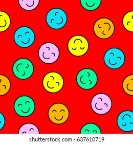 Seamless pattern with cute smiley. Funny red cartoon summer background. Vector illustration