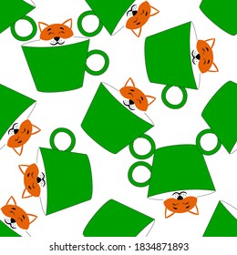 Seamless pattern with cute smiling animal foxes in pastel cups on a white background. Vintage prints in flat style for interior. Stock vector illustration for decor and design, fabric.