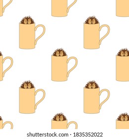 Seamless pattern with cute smiling animal hedgehogs in pastel cups on a white background. Vintage prints in flat style for interior. Stock vector illustration for decor and design, fabric.