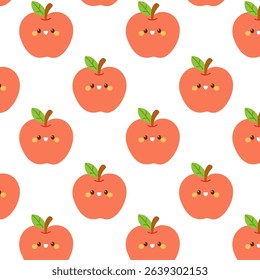 Seamless pattern of cute smiling apples with rosy cheeks and green leaves on white.
 Perfect for kids’ textiles, fruit-themed prints, and playful summer designs.