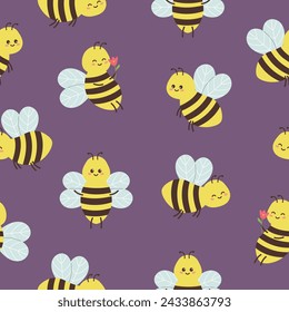 Seamless pattern of cute smiling bees on purple background. Template for postcard, card, print, wallpaper. Vector illustration