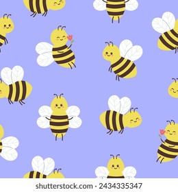 Seamless pattern of cute smiling bees on blue background. Template for postcard, card, print, wallpaper. Vector illustration