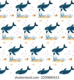 Seamless pattern with cute smiling blue whale and algae on white background